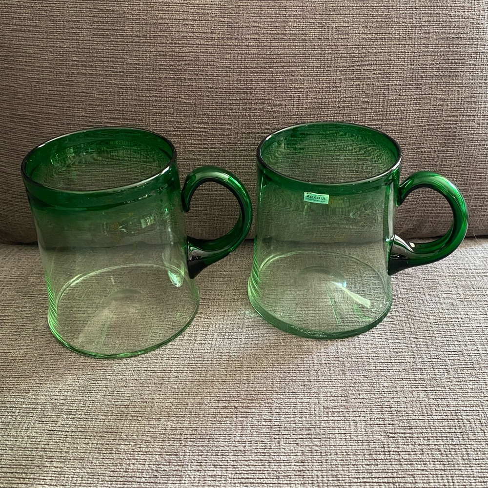 Vintage Pair of Arabia Wartsila Finland Large Green Ombré Glass Mugs